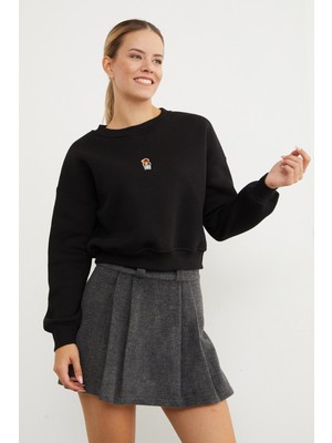 3 Iplik Ayıcık Nakışlı Bisiklet Yaka Sweatshirt