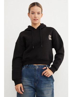 3 Iplik Ayıcık Nakışlı Kapüşonlu Sweatshirt