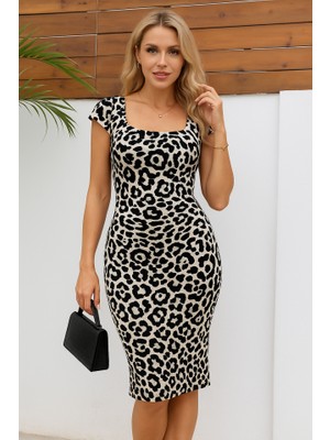 Gökyüzü Moda Kadın Kısa Kollu Kare Yakalı Leopar Desenli Dalgıç Elbise