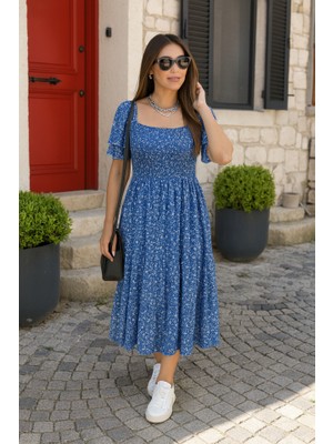 Gökyüzü Moda Kadın Kısa Kollu Gipe Detaylı Desenli Midi Süprem Elbise