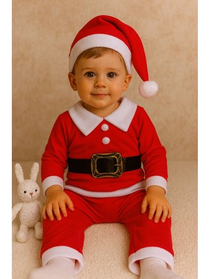 Erkek Çocuk Yılbaşı Noel Baba Temalı , Kemerli , 3 Parça Kışlık Polar Takım, Yılbaşı Kostüm