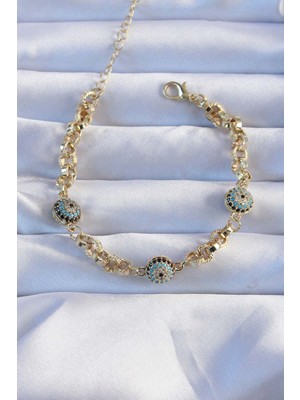 Pirinç Zincir Vip Seri Altın Renk Zirkon Taşlı Nazarlı Bileklik - Lisinya