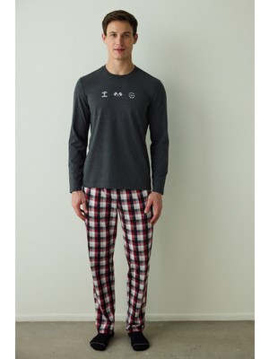 Erkek Winner Slogan Baskılı Bisiklet Yaka Uzun Kollu Pijama Takımı