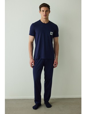 Lacivert Never Erkek Slogan Baskılı Kısa Kollu Pamuklu Pijama Takımı