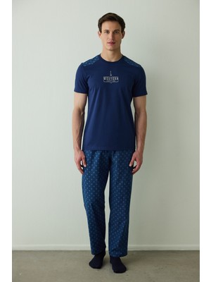 Indigo Erkek Western Sloganlı Kısa Kollu Pamuklu Pijama Takımı