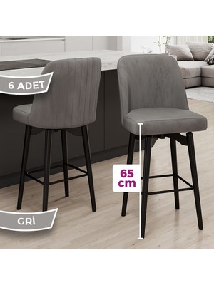 Evax Serisi 6 Adet Gri Bar Sandalyesi 360°C Döner Bar Sandalyesi Babyface Kumaş Siyah Metal Ayaklı