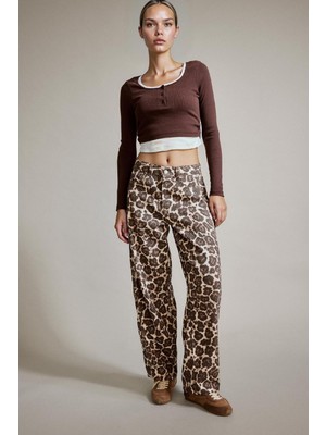 DeFacto %100 Pamuk Baggy Fit Leopar Desenli Jean Pantolon G3199AX25AU