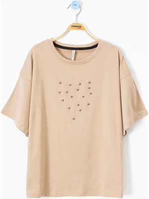 Kahve Payetli Kalp Desenli Kısa Kol Kız Çocuk Oversize Tişört 20790