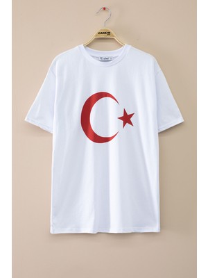 Beyaz Türk Bayrağı Baskılı Bisiklet Yaka Çocuk T-Shirt 20551