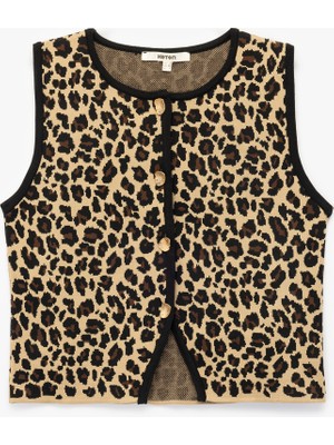 Gold Düğme Detaylı Leopar Desenli Triko Yelek