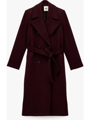Koton Uzun Kollu Cepli Kadın Kruvaze Kemerli Uzun Kaşe Kaban Bordo Polyester Karışımlı Günlük Kullanım