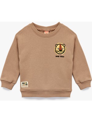 Bisiklet Yaka Uzun Kollu Şardonlu Aslan Baskılı Sweatshirt