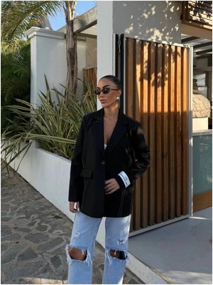 Kadın Siyah Dikiş Detaylı Oversize Blazer Ceket