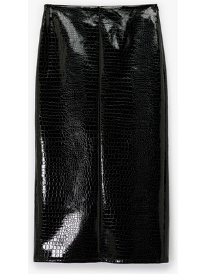 Suni Deri Kroko Görünümlü Ön Yırtmaç Detaylı Midi Kalem Etek