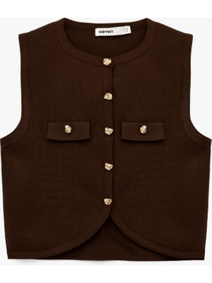 Gold Düğmeli Bisiklet Yaka Düğmeli Triko Yelek