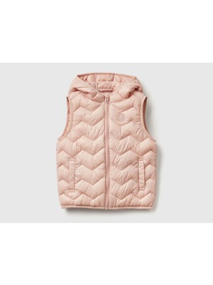 Kız Bebek Toz Pembe Simli Logo Işlemeli Kapüşonlu Yelek