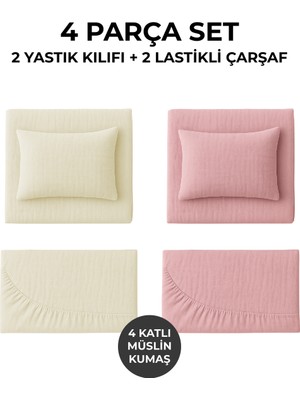 2li Set Lastikli 4 Katlı Müslin Bebek Çarşaf + Yastık Kılıfı Pembe Krem Set %100 Pamuk 60X120 Çarşaf