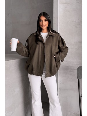 Dokuma Süet Kumaş Apoletli Bomber Ceket - Haki Yeşili