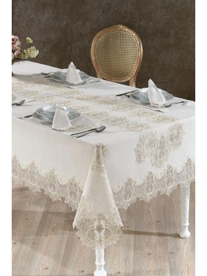 Asel Fransız Dantelli Keten Yemek Takımı - 26 Parça Cappucino