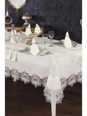 Asel Fransız Dantelli Keten Yemek Takımı - 26 Parça Krem