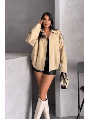 Dokuma Süet Kumaş Apoletli Bomber Ceket - Krem