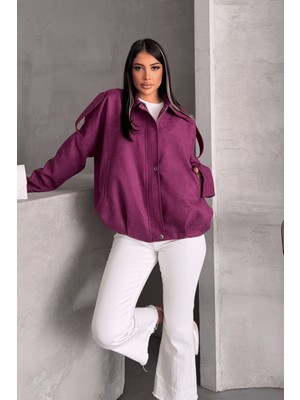 Dokuma Süet Kumaş Apoletli Bomber Ceket - Mürdüm