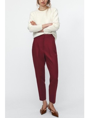Bordo Önü Biyeli Yüksek Bel Kadın Pantolon MG2425