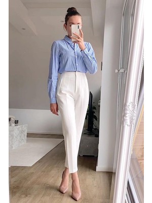 Madmext Beyaz Yüksek Bel Kadın Pantolon Dar Paça Rahat Kullanım 74% Polyester MG2425