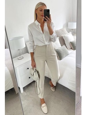 Madmext Krem Yüksek Bel Kadın Pantolon Dar Paça Günlük Rahat Kullanım MG2425