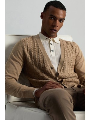 Hemington Merino Yün İpek Karışım Örgü Desenli Camel Hırka