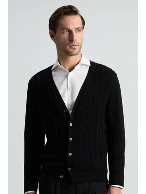 Hemington Merino Yün İpek Karışım Örgü Desenli Siyah Hırka