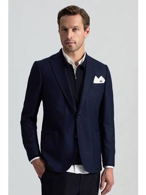 Italyan Yün Kaşmir Karışım Lacivert Blazer Ceket