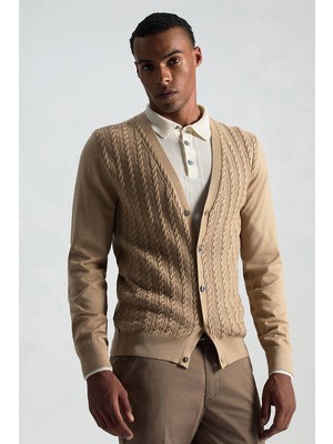 Merino Yün Ipek Karışım Örgü Desenli Camel Düğmeli Hırka