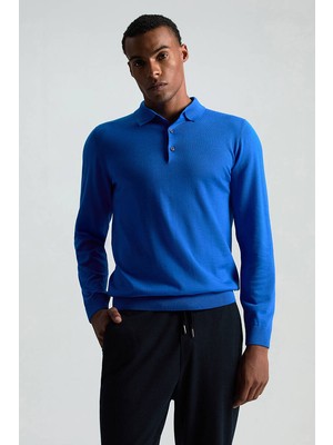 Merino Yünü Polo Yaka Mavi Triko