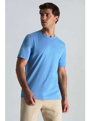 Supima Pamuk Bisiklet Yaka Tencel Mavi T-Shirt