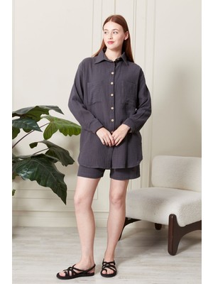 Kadın Soft %100 Koton Kumaş Şort Gömlek Takım