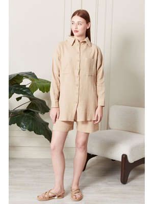 Kadın Soft %100 Koton Kumaş Şort Gömlek Takım
