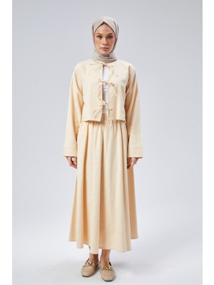 Kadın Flamlı Keten Etekli Kimono Ceket Takım