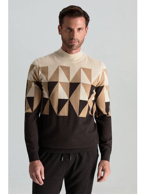 Merino Yün Yarım Balıkçı Yaka Desenli Kahverengi Triko