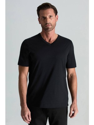Supima Pamuk V Yaka Tencel Siyah T-Shirt