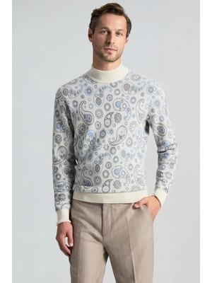 Hemington Saf Kaşmir Paisley Desen Lupetto Yaka Ekru Triko