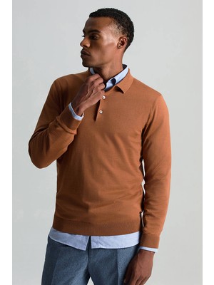 Merino Yünü Polo Yaka Konyak Rengi Triko
