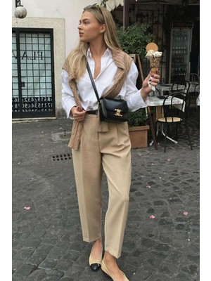 Taş Rengi Yüksek Bel Pileli Kadın Kumaş Pantolon MG2507