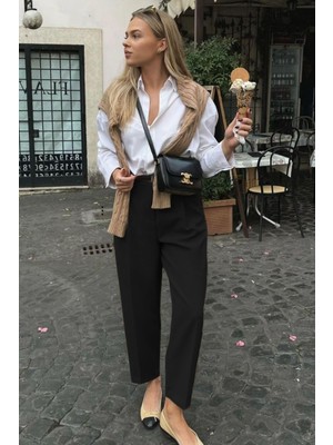 Madmext MG2507 Siyah Yüksek Bel Pileli Kadın Kumaş Pantolon Normal Bel Rahat Kullanım %93 Polyester