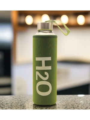H2O Cam Su Matarası Yeşil Kumaş Kılıflı