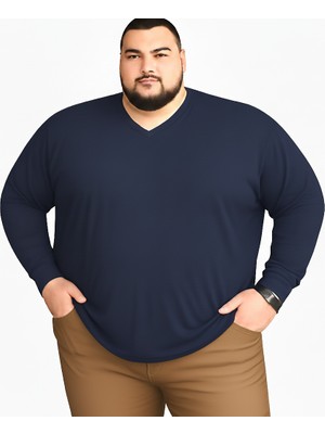Sngl Erkek Büyük Beden Oversize Uzun Kollu V Yaka T-Shirt Lacivert %100 Pamuk 3xl 4xl 5xl 6xl 7xl 8xl 9xl