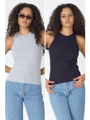 Fitilli Regular Fit Normal Kalıp Siyah-Beyaz Bisiklet Yaka Sıfır Kol Pamuklu 2'li Kadın Atlet