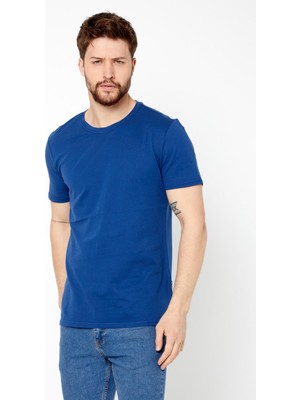 Comeor Erkek Indigo Slim Fit Pamuklu Kısa Kollu Bisiklet Yaka T-Shirt