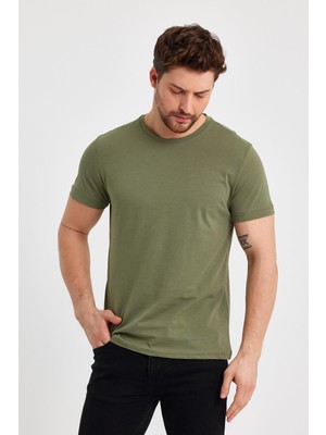 Comeor Erkek Haki Slim Fit Pamuklu Kısa Kollu Bisiklet Yaka T-Shirt