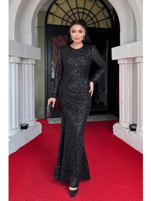 Pul Payet Kumaş Büzgü Detaylı Abiye Elbise - Siyah